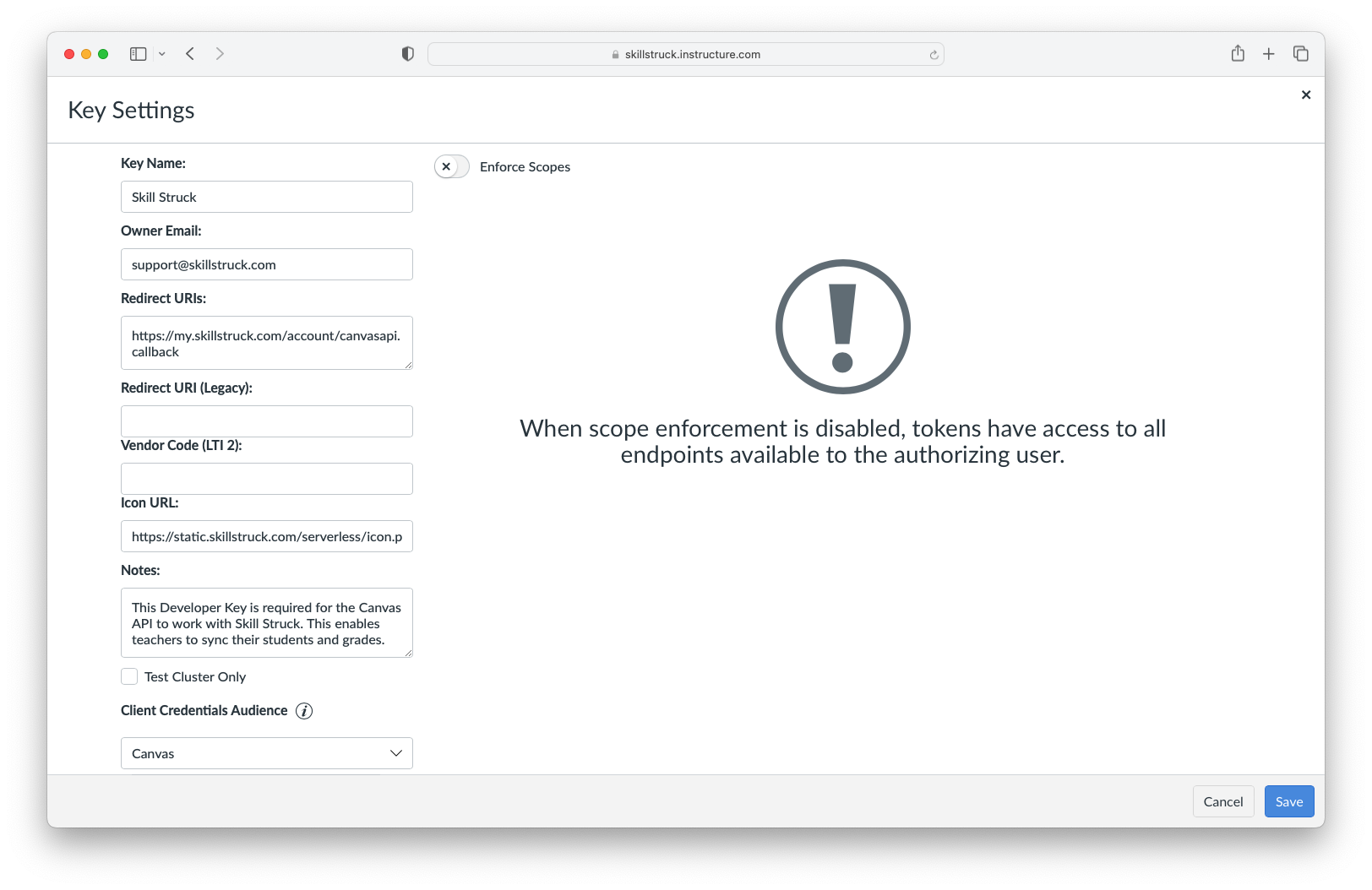 How to connect a Canvas Developer Key to Skill Struck